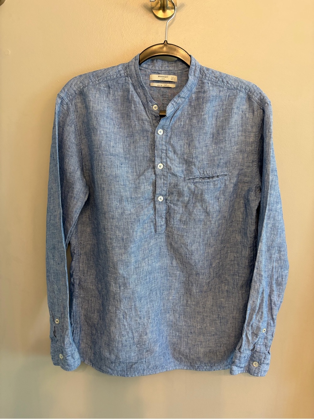 Mango blue 100% linen mens shirt with mandarin collar size XS pit to pit 20”